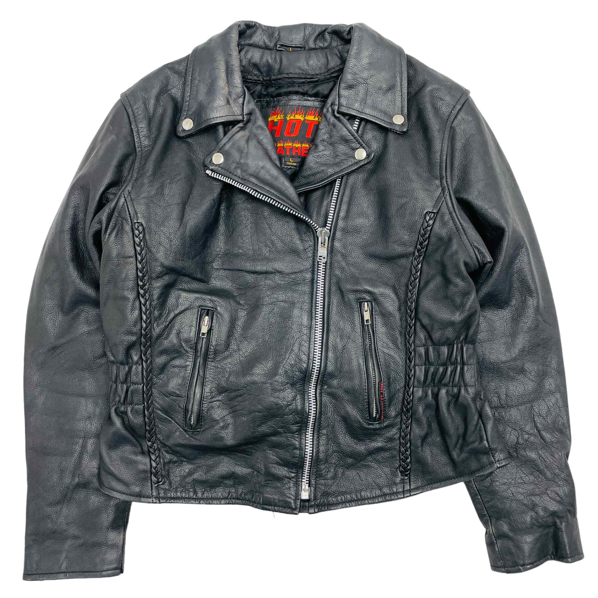 Collared Leather Biker Jacket - Large